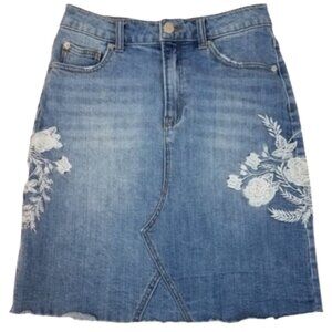 FOR THE REPUBLIC Floral Embroidered Below Knee Denim Blue Jean Skirt Women's 2